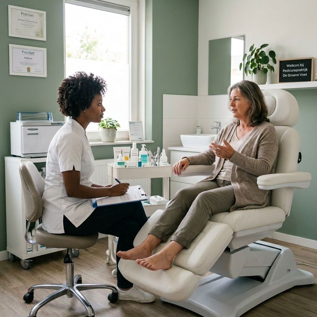 Podiatrist in white uniform consulting with seated patient about foot care