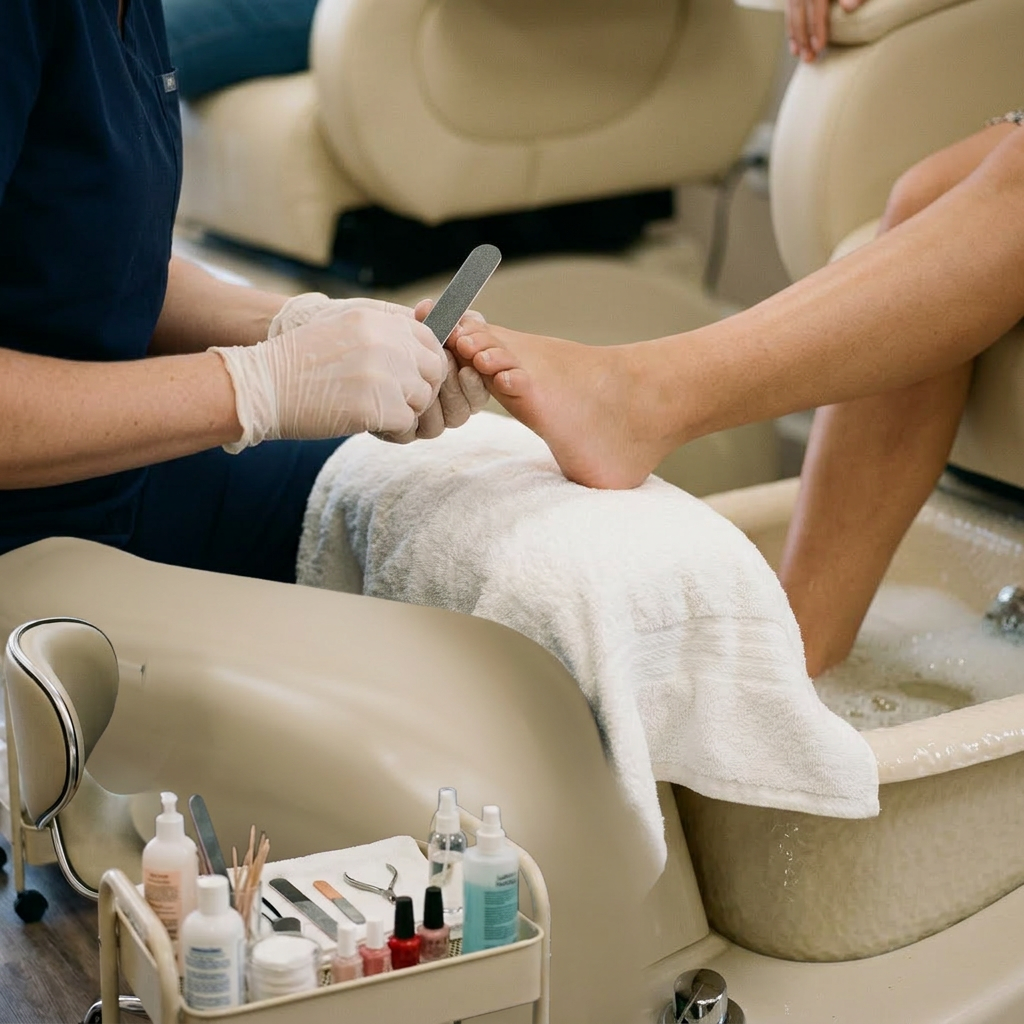 Woman receiving a pedicure in a spa chair with a technician filing her toenails